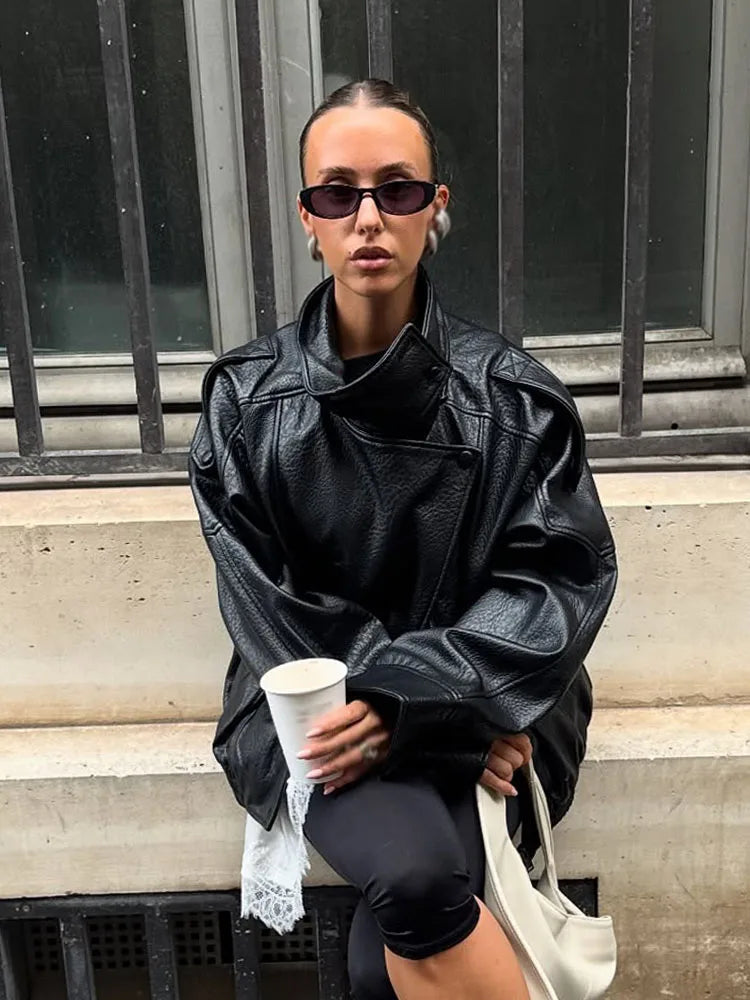 HH Women Autumn Elegant Street Style Coats Woman Asymmetric Button Pocket Long Sleeves Black Loose Zipper Slim Jackets