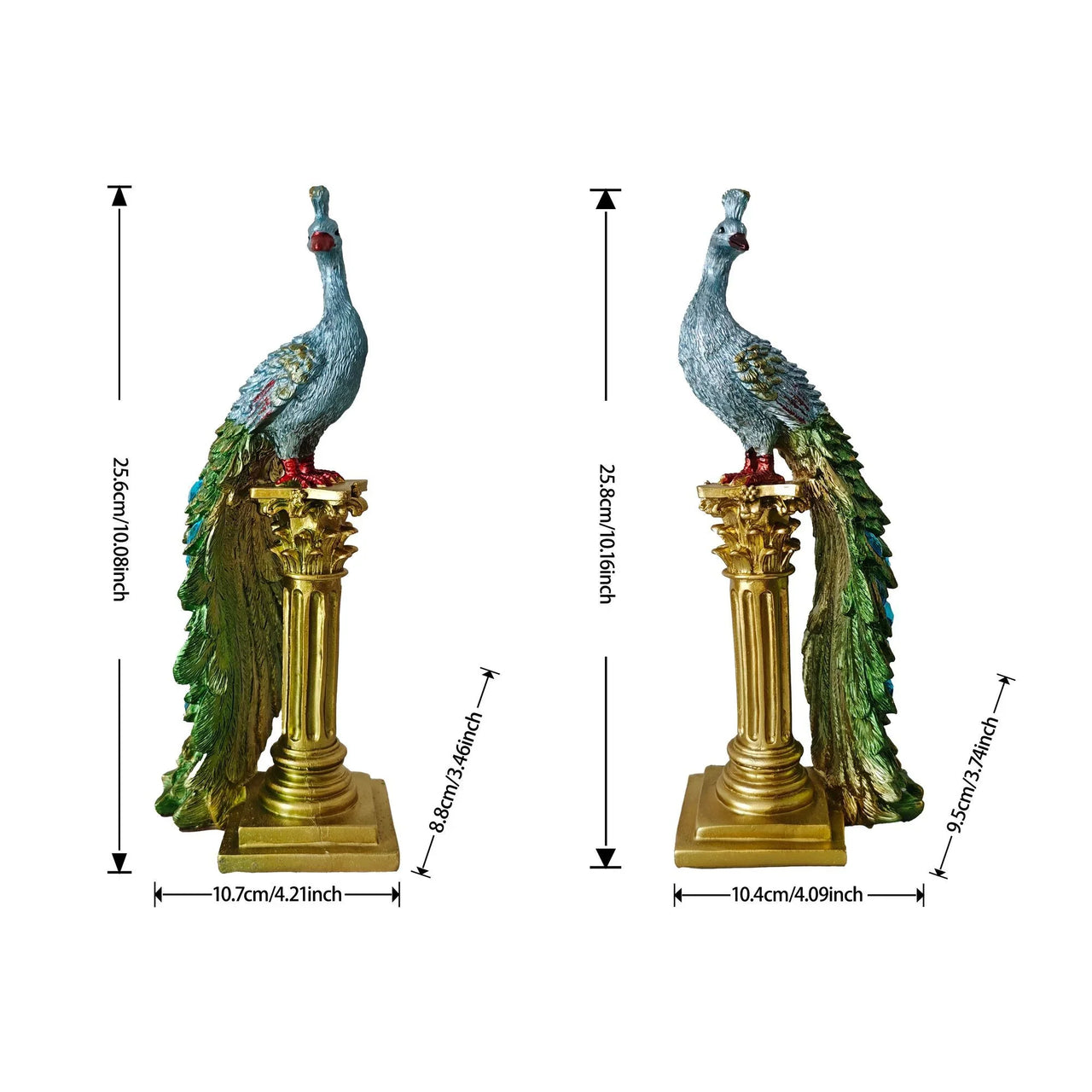 A pair of exquisite peacock ornaments standing on Roman columns add an artistic touch to the home.