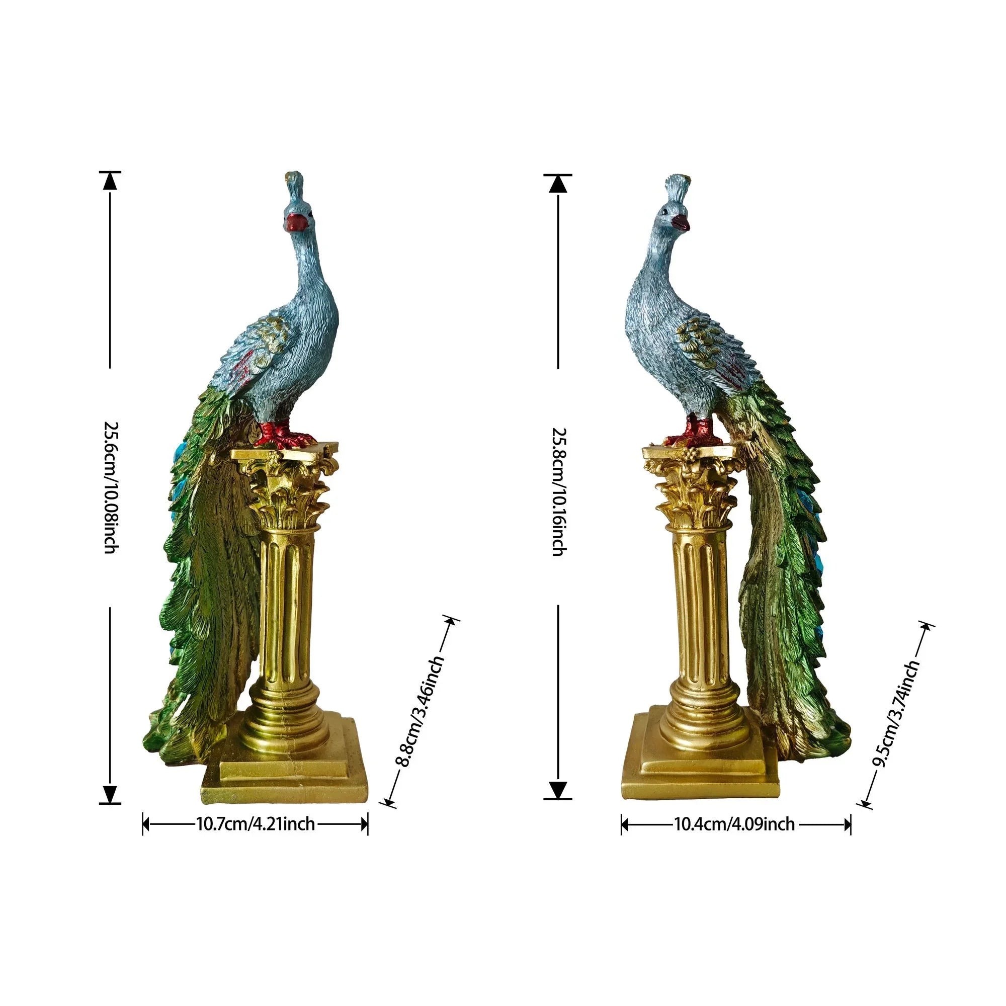 A pair of exquisite peacock ornaments standing on Roman columns add an artistic touch to the home.