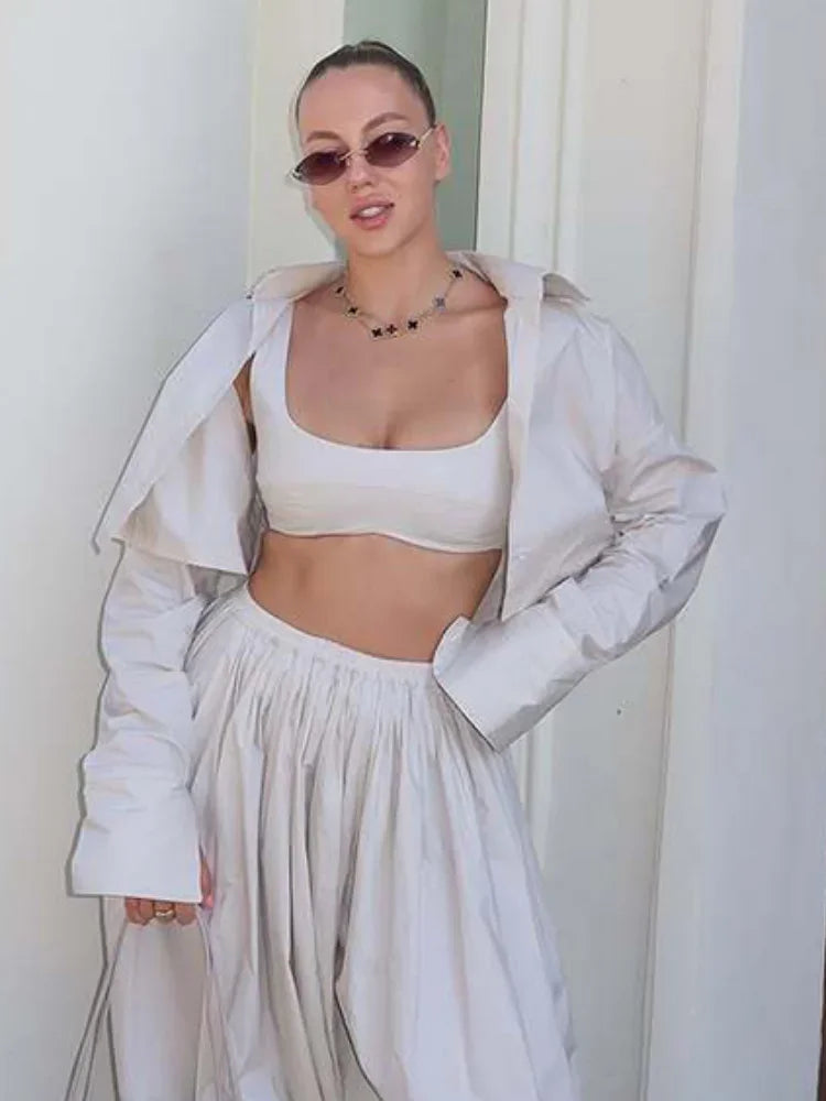 Drop Waist Lantern Pant 3 Pieces Suit Women Stripe Bikini Long Sleeve Lapel Shirt Pants Sets 2026 Female Casual Street Outfit
