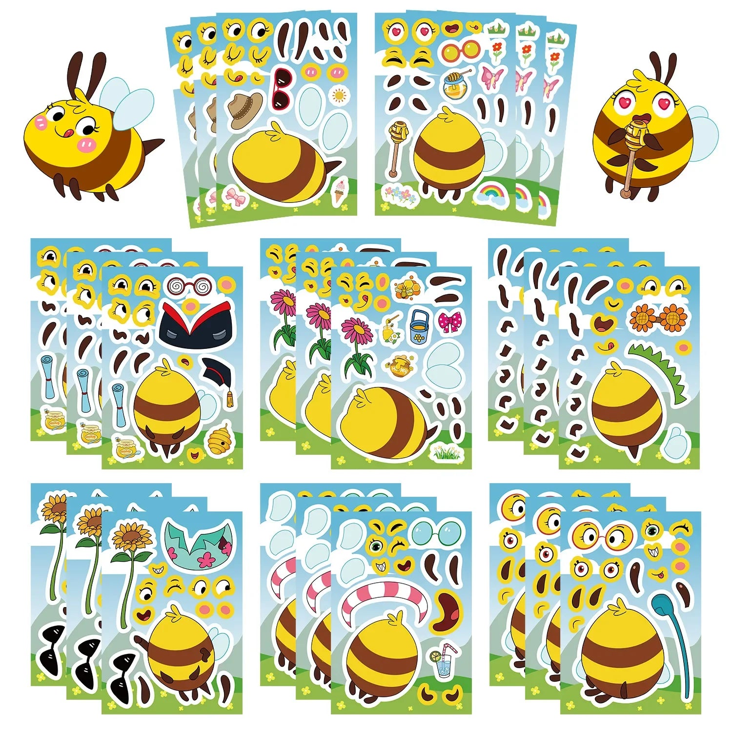 8/16/24PCS Toy Puzzle Stickers Cartoon Bee Expressions Make a Face Stickers DIY Handicrafts Waterproof Stickers