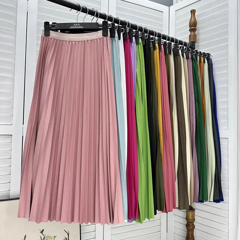 2026 Elegant High Waist Pleated Skirt for Women Mid-long Midi Skirt Female High Quality Black Saia