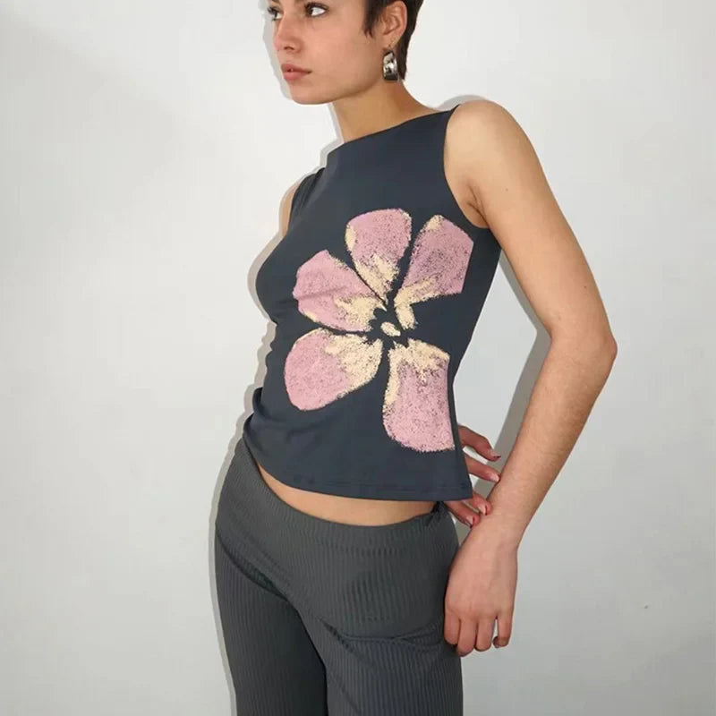 2025 New Fashion Women's Crop Tank Tops Fitted Flower Print Boat Neck Sleeveless Summer Tops for Party Club