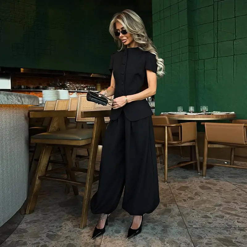 Women's Frog Button Puff Sleeve Shirt Trousers Set O-neck Leg-binding Lantern Pants Suits Lady 2026 Spring Summer Female Outfits