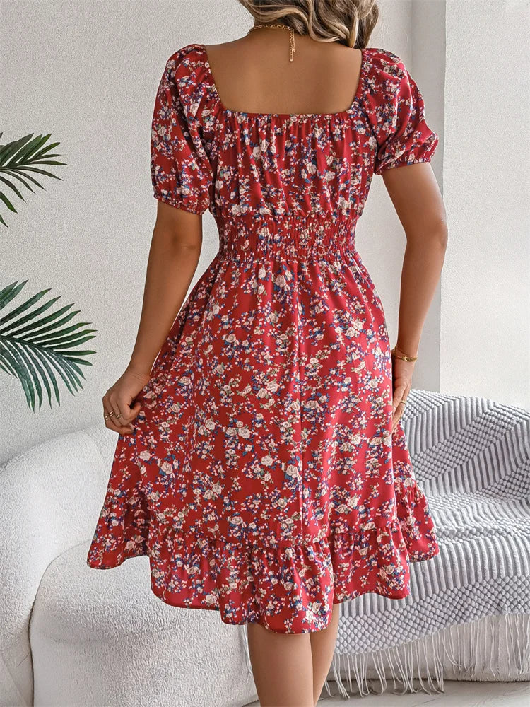Msfilia Leisure Square Collar Spring Summer Dress Women Short Sleeve Loose Waist Design Lotus Leaf A-shaped Print Dress