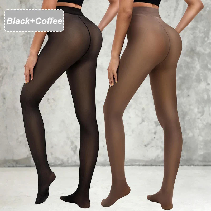 2 Packs Women Fleece Lined Leggings Outfit Fake Translucent Black Tights Seamless Pantyhose Butterfly Leopard Jacquard Design