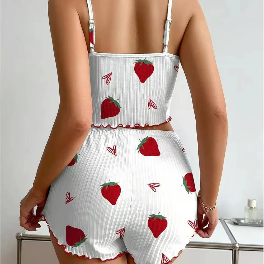 Women's Strawberry Print Ribbed Knit Ice Silk Camisole Pajama Set Comfortable Two-Piece Sleepwear for Summer