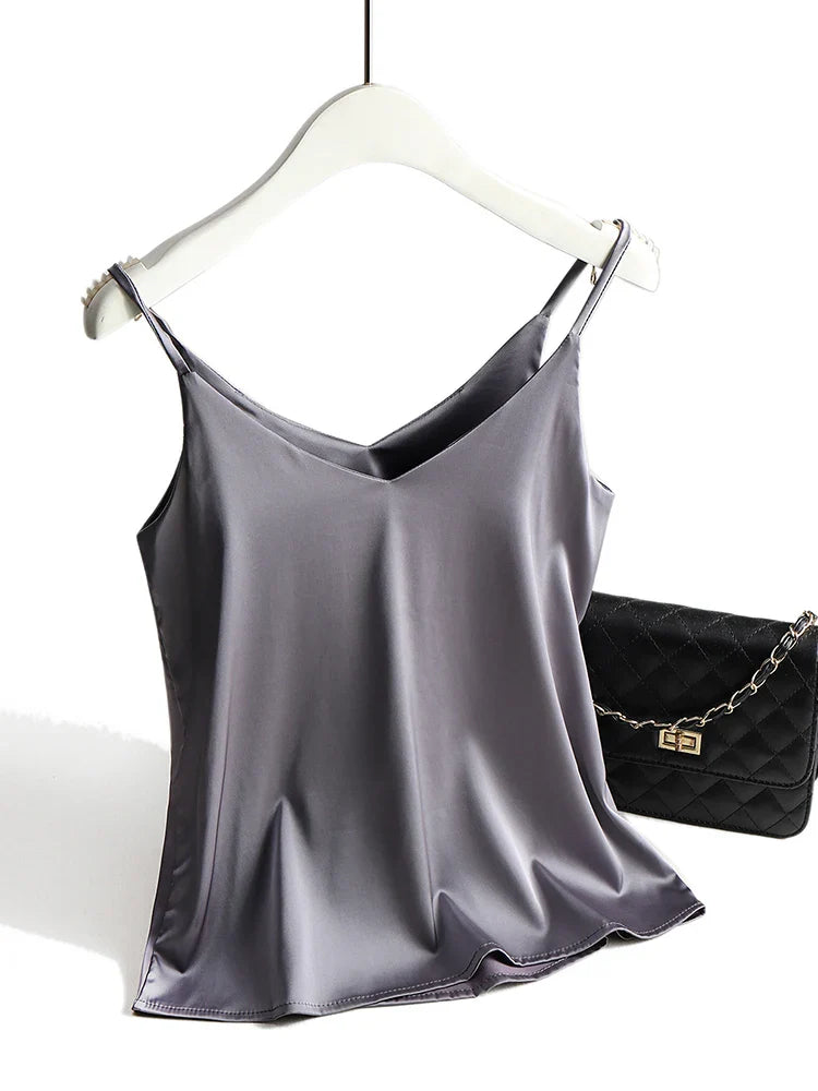 AOSSVIAO 2026 Spaghetti Strap Top Women Halter V Neck Basic White Cami Sleeveless Satin Silk Tank Tops Women'S Summer Camisole