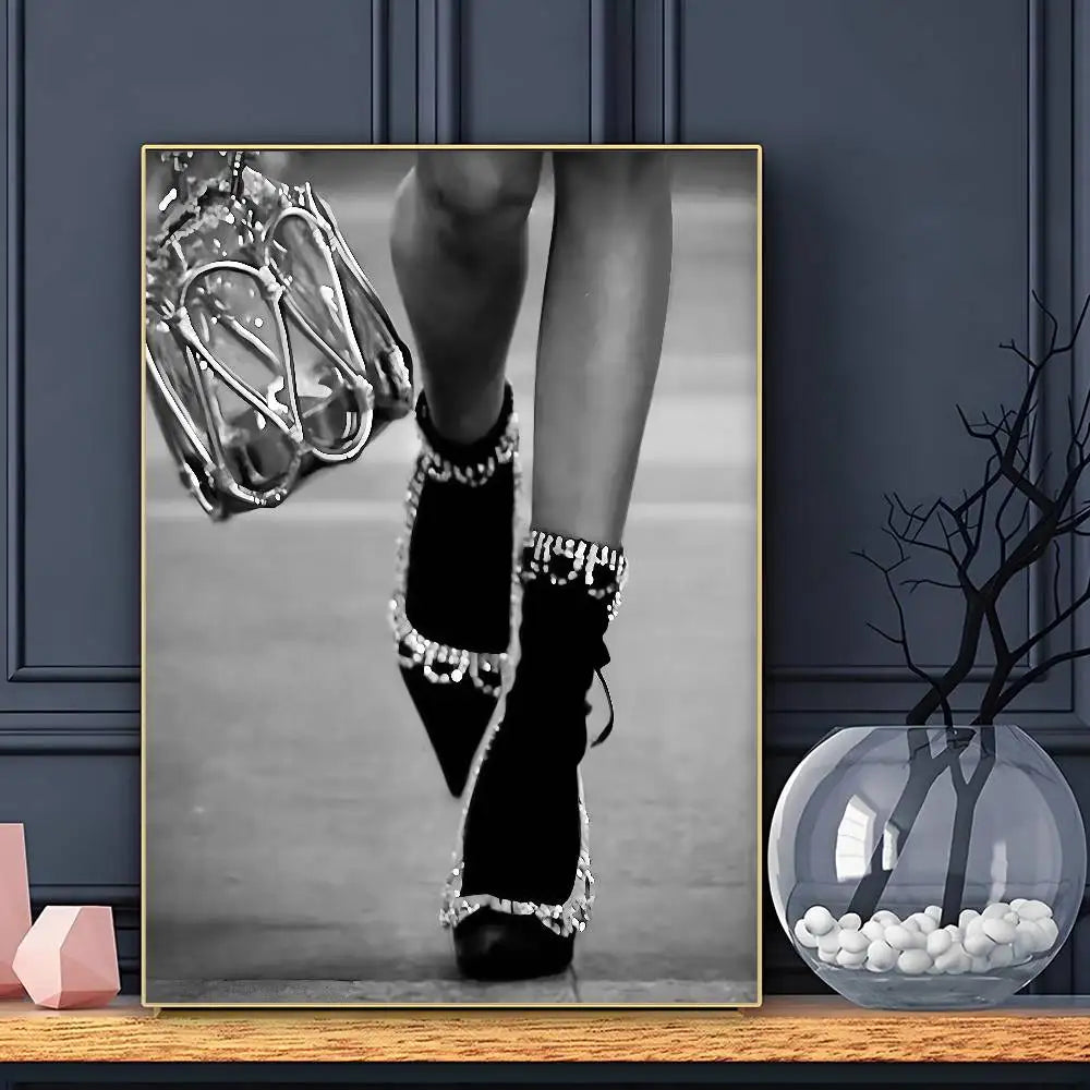Modern Luxury Fashion Black White Art Heels Champagne Retro Poster Sticky Wall Art Printing Waterproof Home Living Bed Room Bar