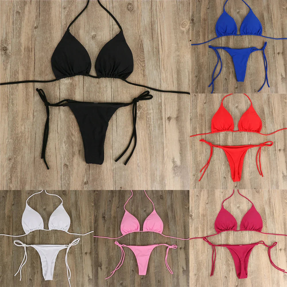 Women Tie Sexy Thong Bikini Set Side Swimsuit Bandage Style Brazilian Swimwear Split Strap Adjustable Solid Female Swimsuit Set