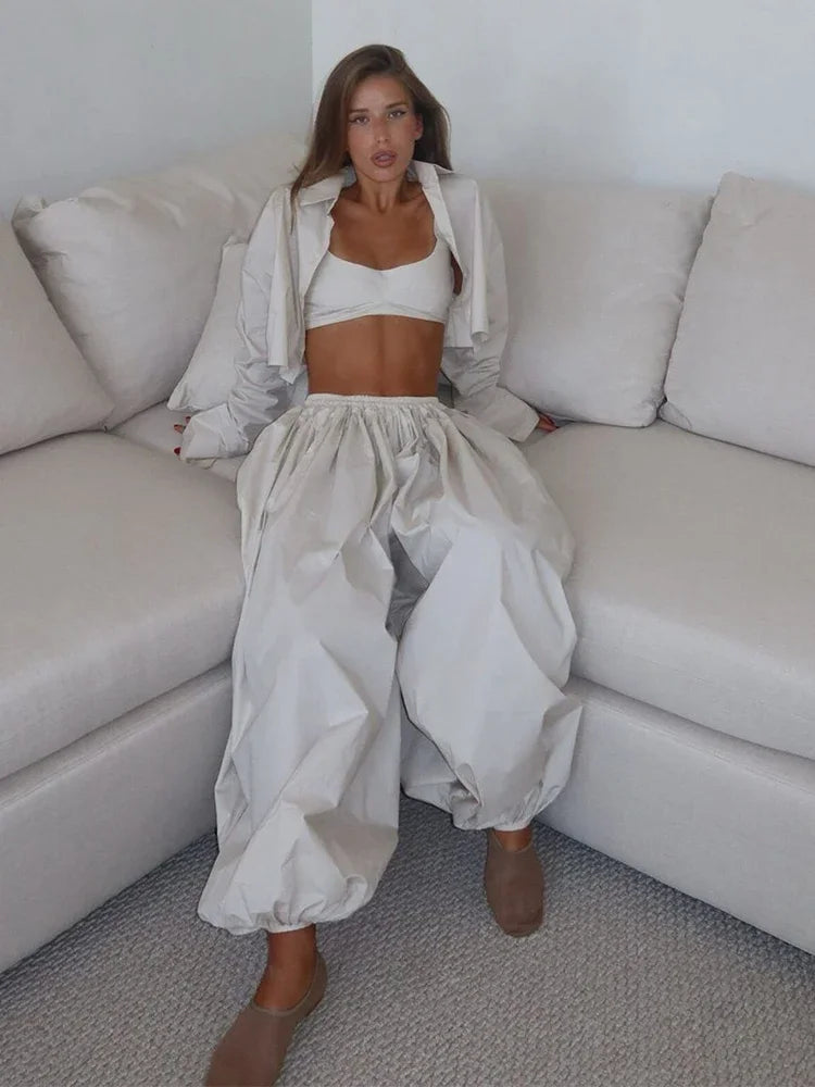 Drop Waist Lantern Pant 3 Pieces Suit Women Stripe Bikini Long Sleeve Lapel Shirt Pants Sets 2026 Female Casual Street Outfit