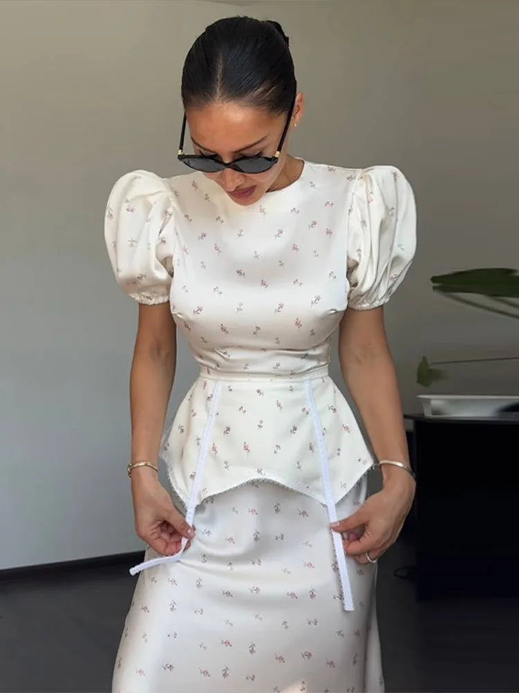 Women's White Floral Print Puff Sleeve Dress With Waistband Fashion Satin Ruffled Hem Maxi Dress Lady 2026 Elegant Party Robes