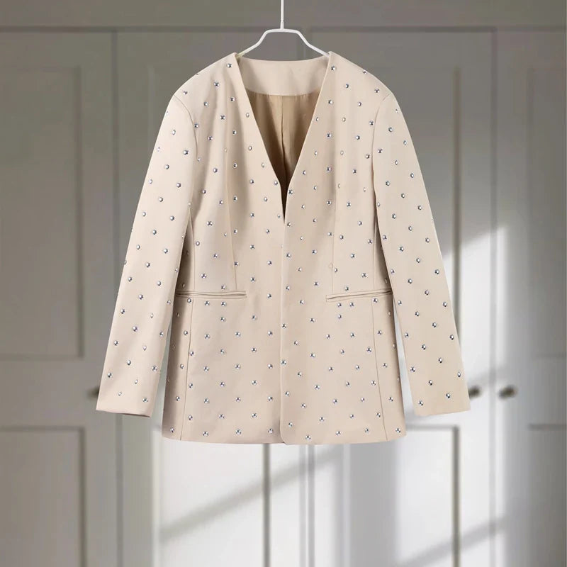 Rivet Fashion V-neck Balzer Coat Women Shoulder Pads Loose Fake Pocket Long Sleeve Jacket 2025 Spring Street Party Commute Tops