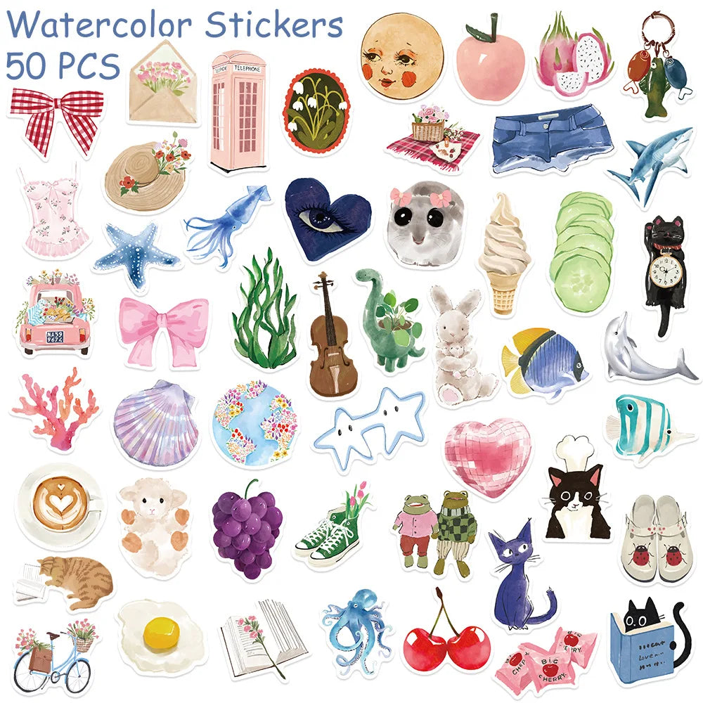 50/100pcs Watercolor Dairy Stickers Decals For Phone Laptop Scrapbook Luggage Helmet DIY Graffiti Aesthetic Stickers Gifts