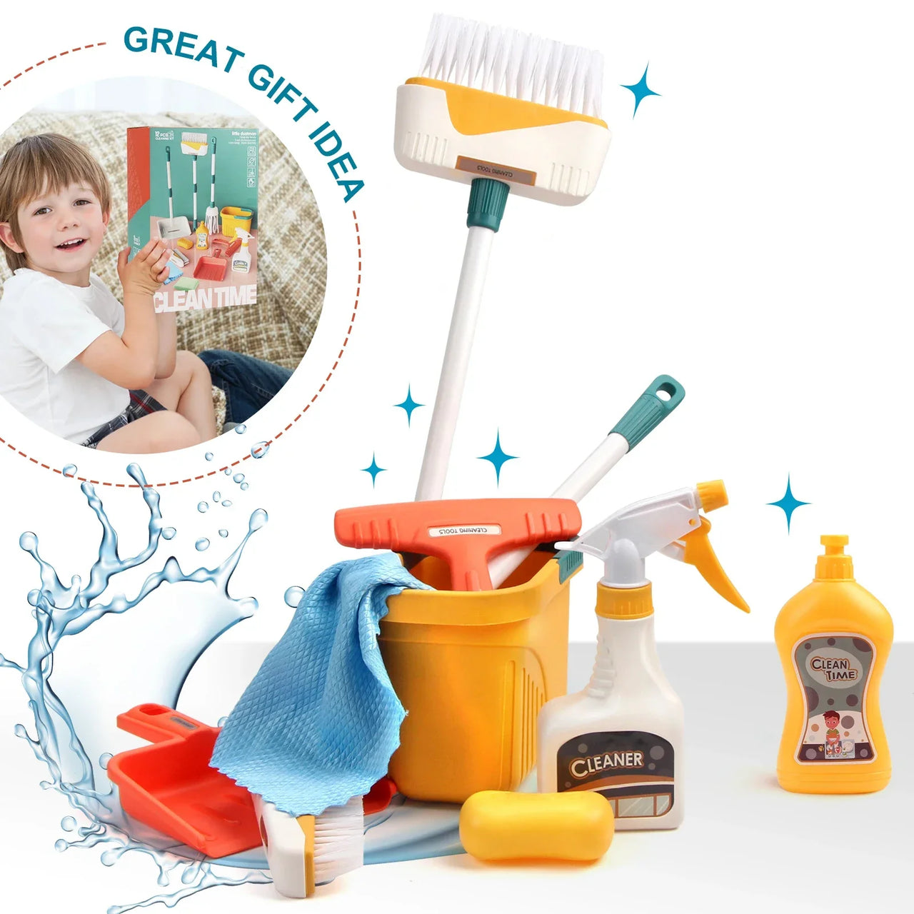 12pcs/set Kids Cleaning Set Housework Supplies Kit Play House Toys with Dustpan Broom Bucket Mop Cleaning Set for Girls & Boys