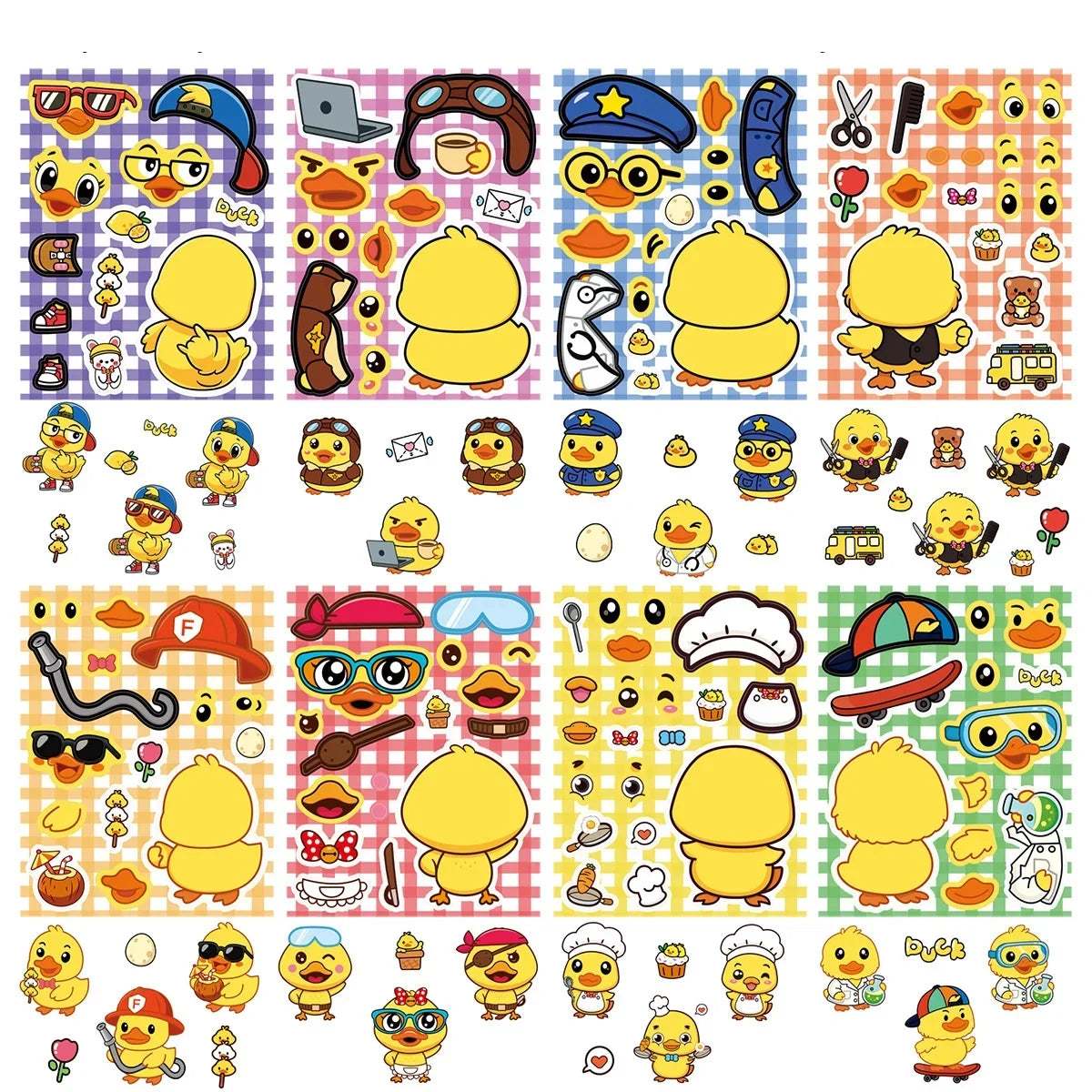 8/16/24PCS Cartoon Yellow Duck Toy Puzzle Stickers Cute Make a Face Change Stickers DIY Waterproof Cartoon Stationery Stickers