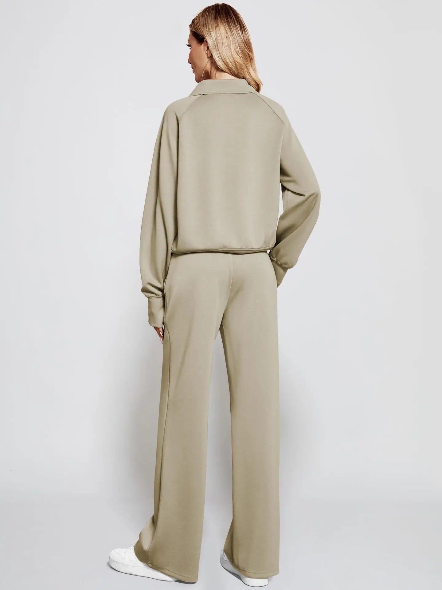 Woman Solid Color Half Zip Long Sleeve Sweatshirt and Wide Leg Pants Set Casual Sporty Two Piece Outfit
