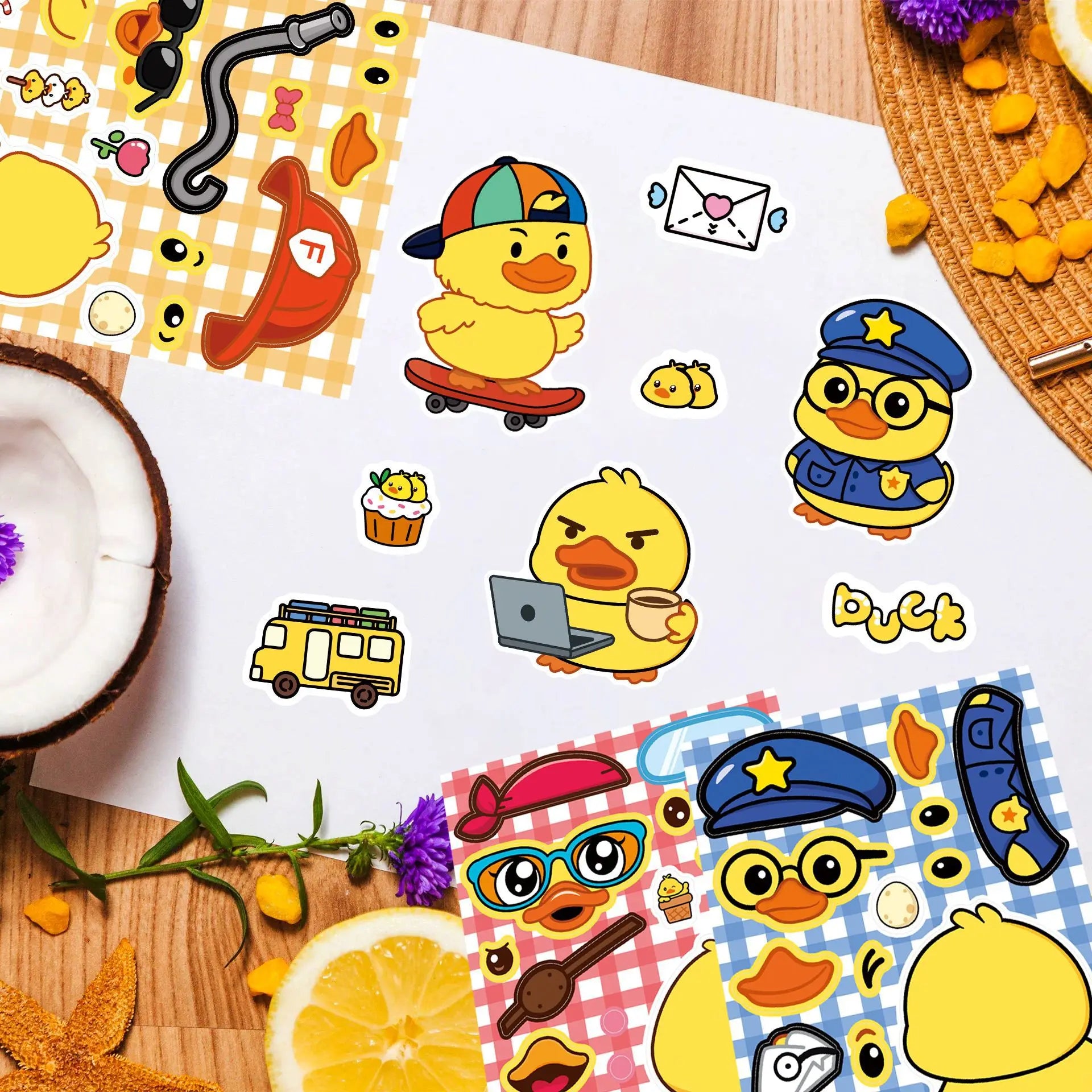 8/16/24PCS Cartoon Yellow Duck Toy Puzzle Stickers Cute Make a Face Change Stickers DIY Waterproof Cartoon Stationery Stickers