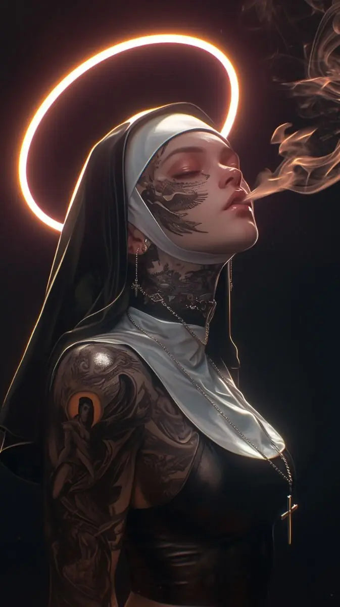 Sexy Tattoo Machine Gun Nun Poster Print Christian Smoking Nun Canvas Painting Living Room Background Wall Home Decoration