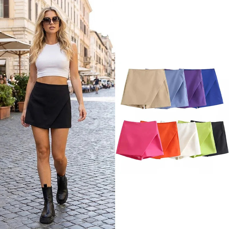 Willshela Women Fashion Asymmetrical Shorts Skirts High Waist Back Pockets Side Zipper Vintage Female Skort Solid