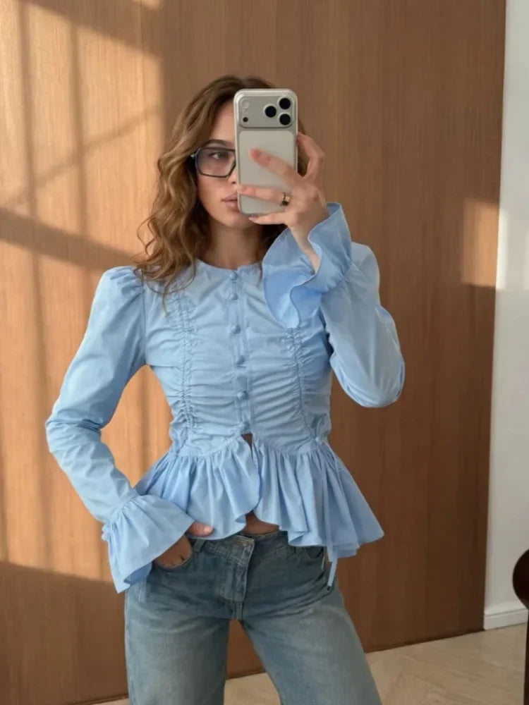 Women Fashion Slim Shirt Classic Solid Single Breasted O-neck Lace-up Full Sleeve Ruffled Blouse 2026 Chic Spring Commute Tops