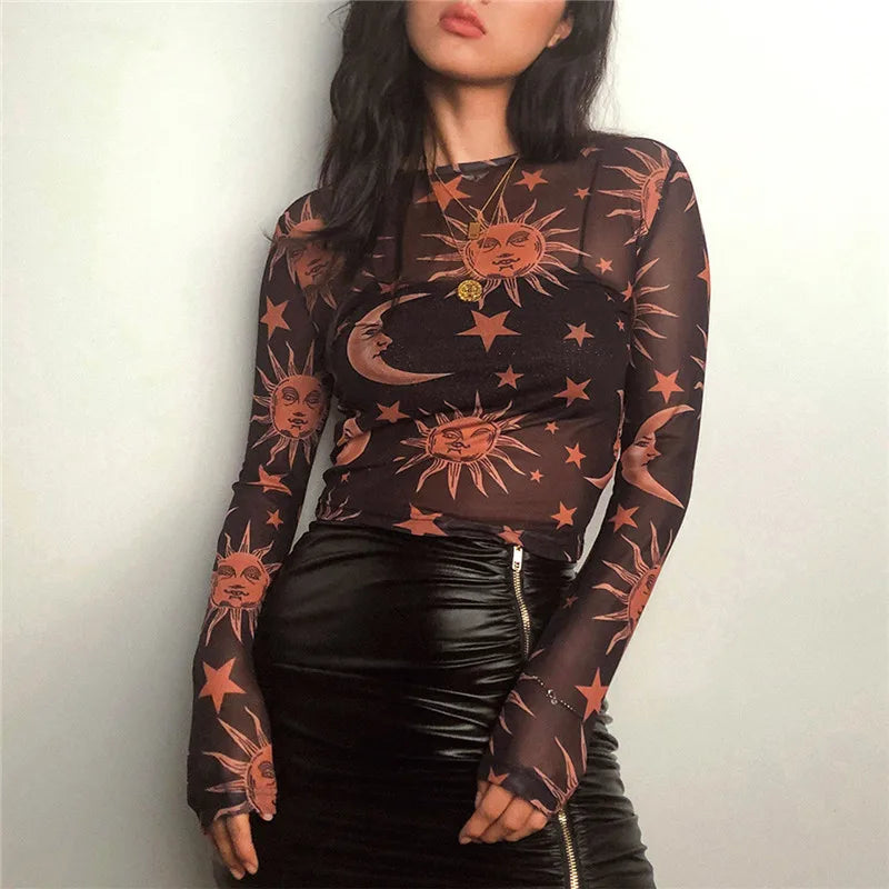 Women's New Style Black-and-White Sun-and-Moon Print Sheer Mesh T-Shirt Sheer Mesh Round Neck Base Layer T-Shirt