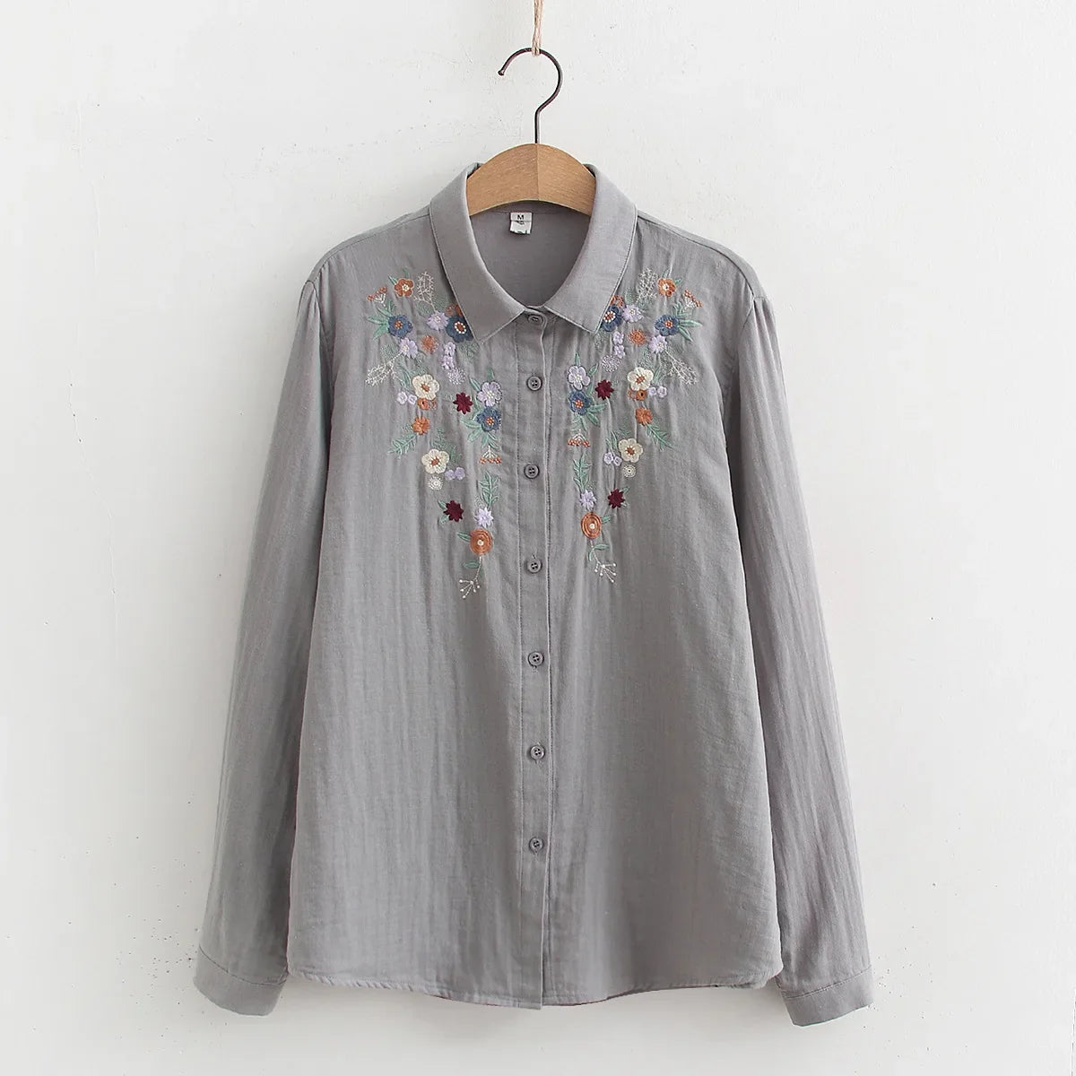 Spring Double 100% Cotton Yarn Shirts Women Turn-down Collar Loose Tops Girl Long Sleeve Embroidery Blouses 2024 Autumn T42909QM