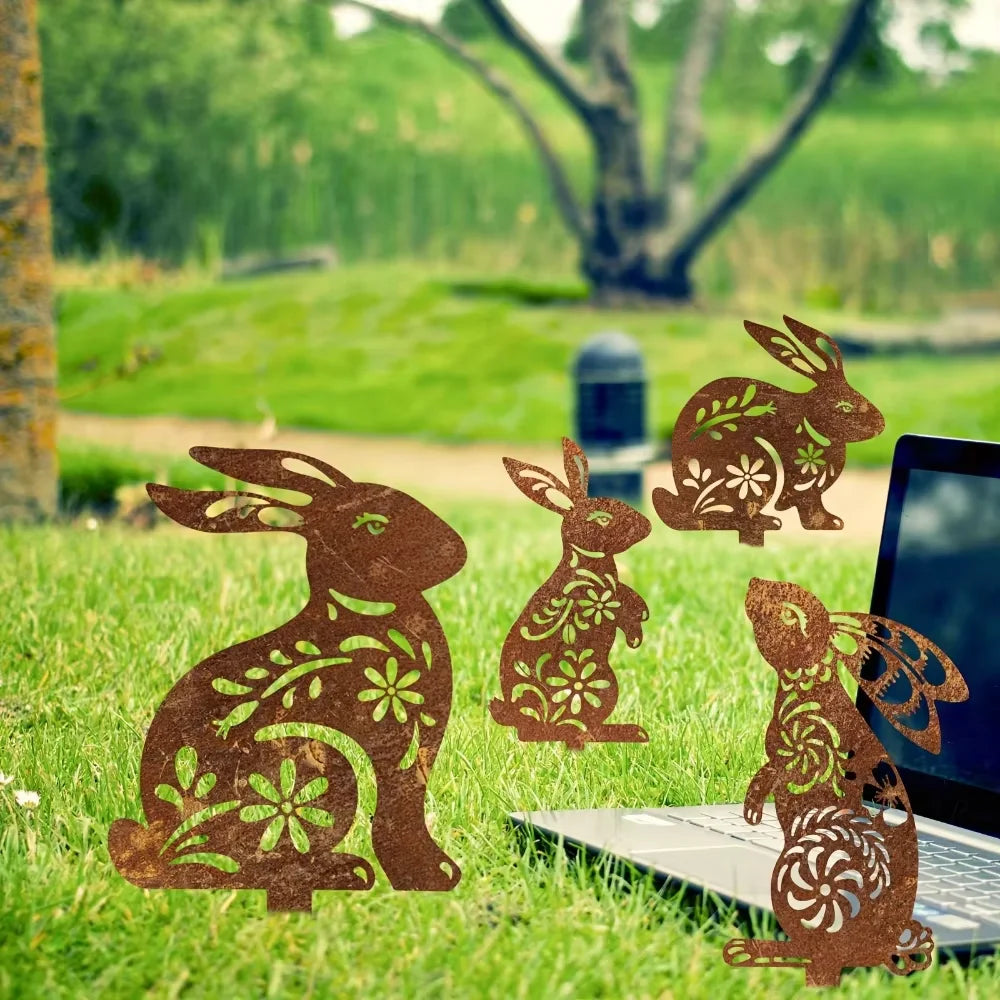 Lovely Rustic Metal Rabbit Garden Post Patinated Rusty Finish Great for Outdoor Adornment Backyard Patio Farm Area