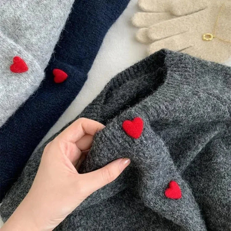 Deep Grey Wool Knitted Cardigan For Women 2026 Autumn Winter Soft And Sticky Warm Love Buckle Shoulder Sleeves