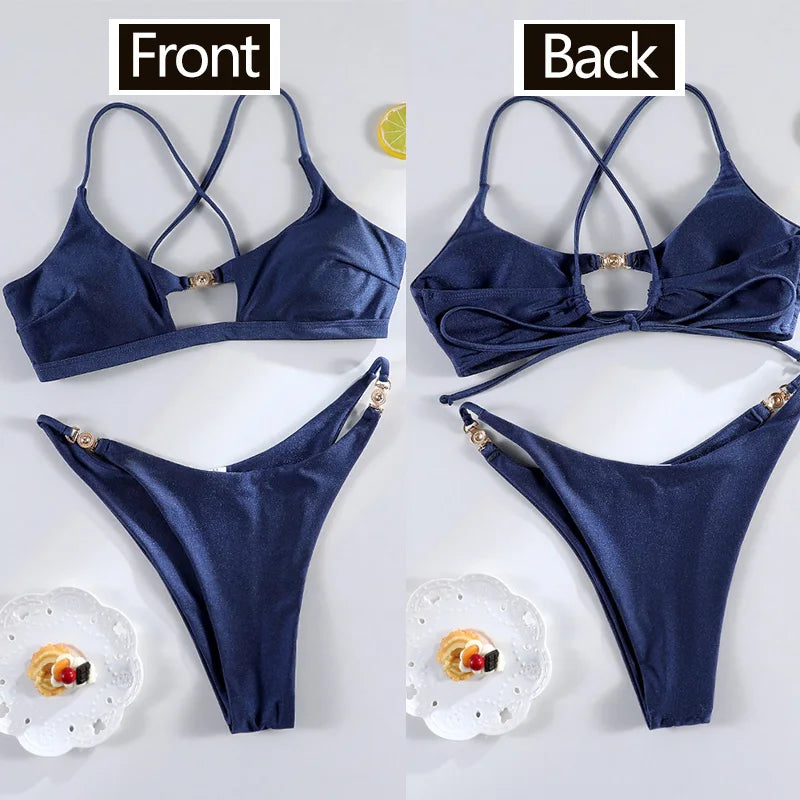 Miyouj Bandage Swimwear Summer Swimsuit High Cut Bikini Set Solid Sexy 2-Piece Suit New Bathsuit Hollow Out Thongs Beachwear