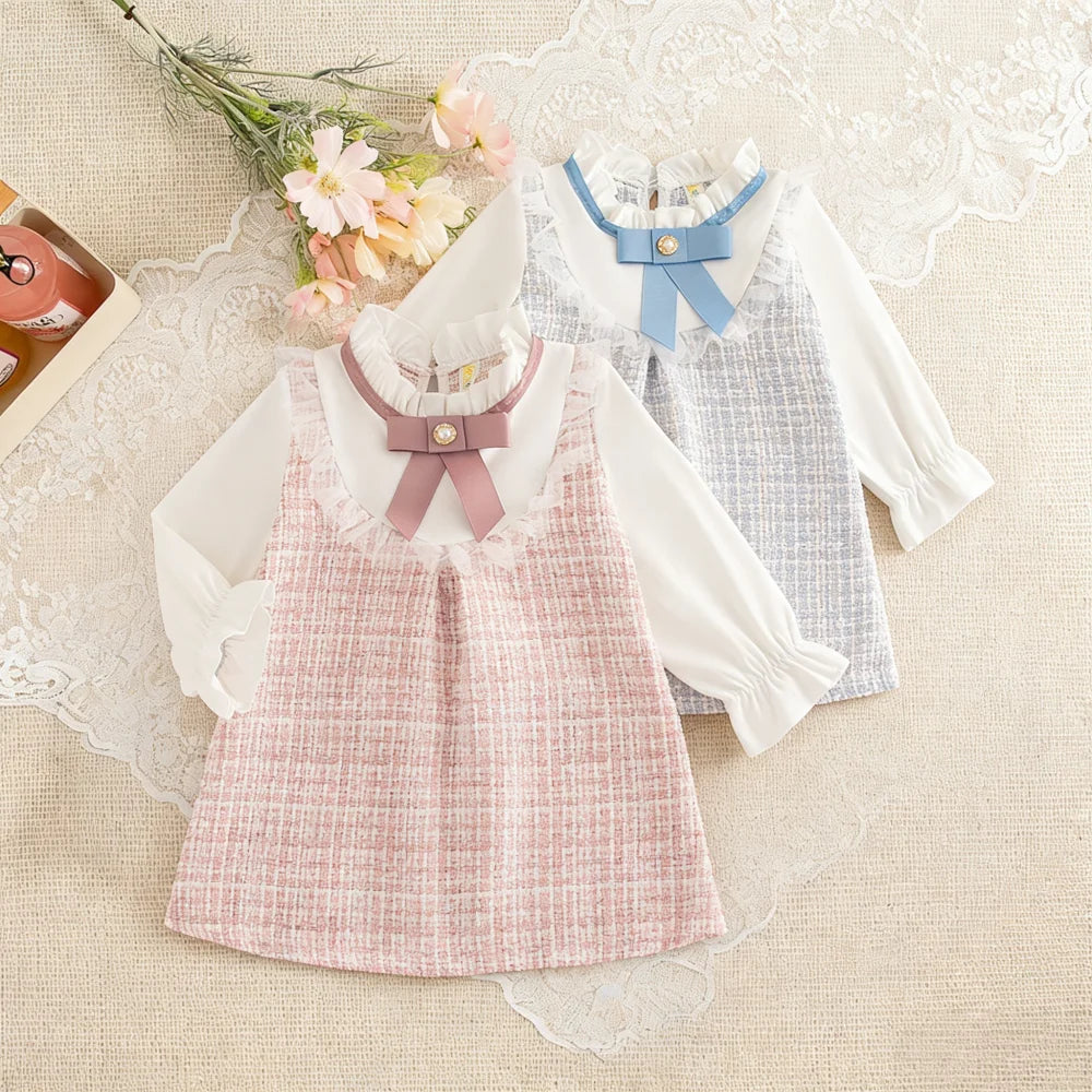 Baby Girl Dresses Spring/Fall Bow-Tie Plaid Long-Sleeve Girls' Dress Adorable Princess Baby Dress Baby Girl Clothes