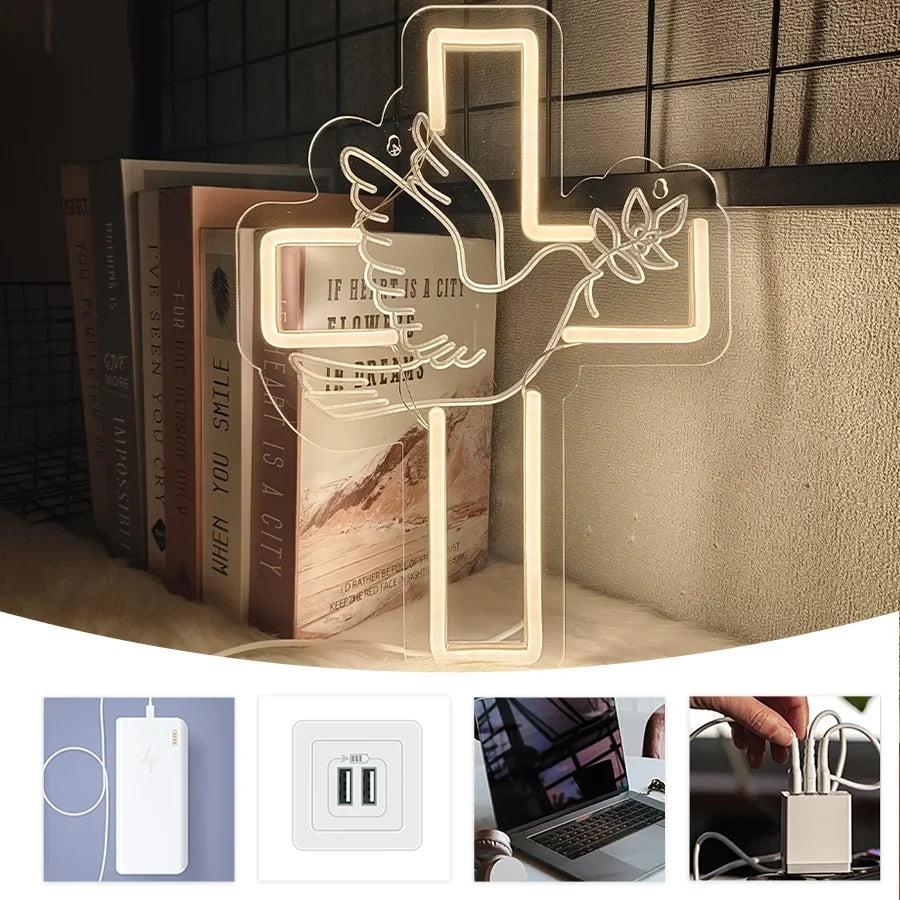 Cross Led Neon Sign, Warm White Dove Icon Usb Powered For Jesus Church, Wedding,Home, Easter Activities Decor, Easy To Hang.