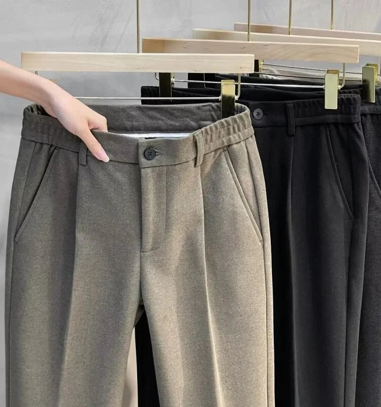 Men's Woolen Casual Pants Autumn Winter Thickened Straight Leg Slim Fit Long Trousers Korean Fashion Nine Points Pants