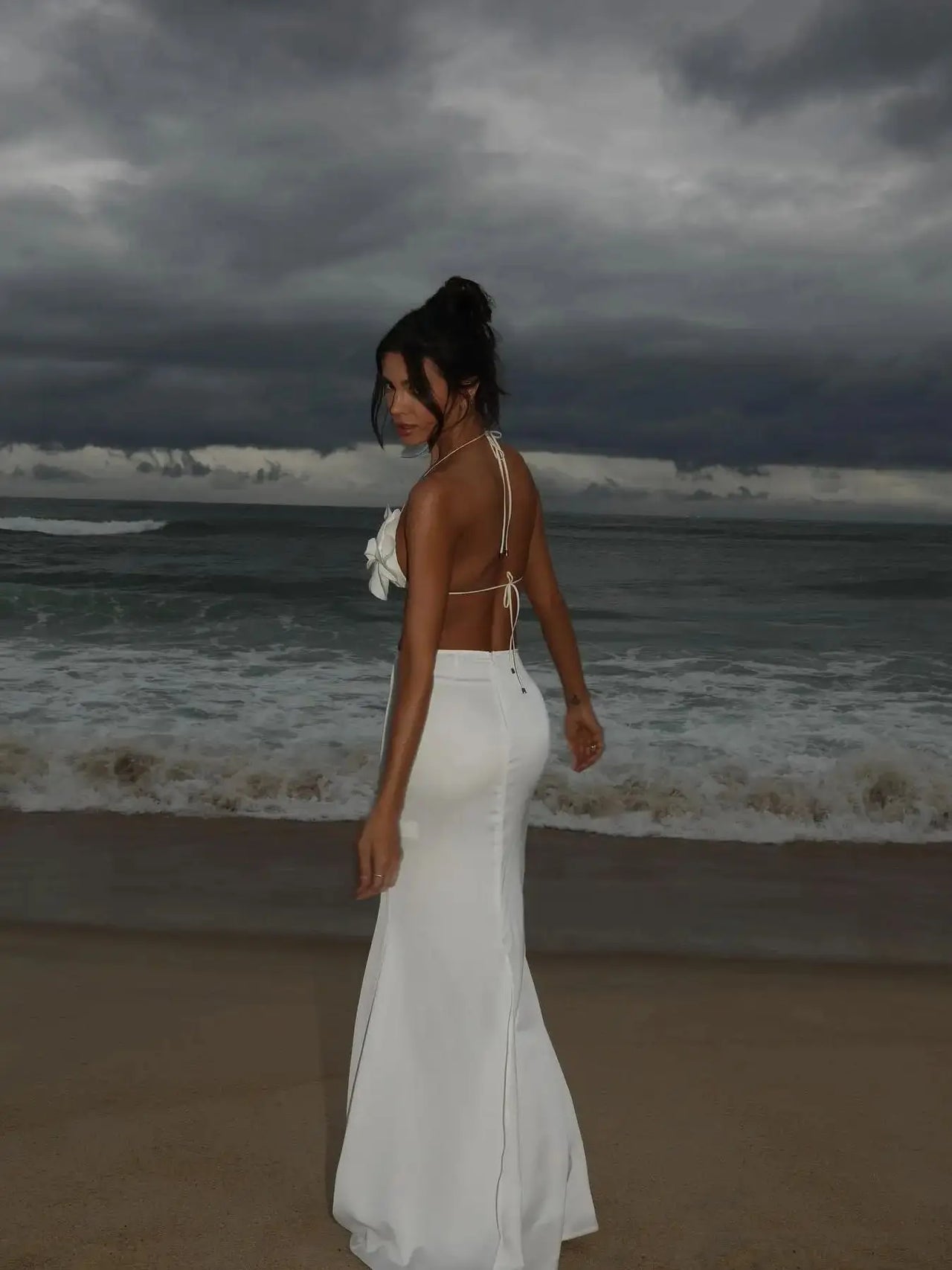 New Women Two Piece Set Skirt Suit 3D Flower Top Skirt Sleeveless Sweet Waist Chic Slit Skirt Beach Dance Robe