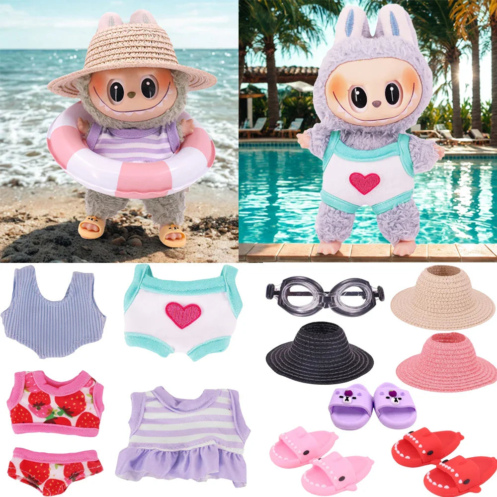 For Labubu Doll Clothes Swimsuit Cute Shark Slippers 15-17Cm Plush Doll Glasses Straw Hat,For labubu Accessories Holiday Gifts