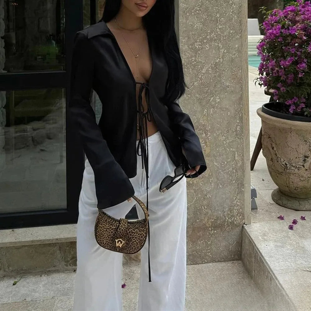 KONDALA Sexy Black Satin Bow Tie Shirts Women Long Sleeve V Neck Slim Blouses Fashion 2025 Autumn Elegant Silky Tops