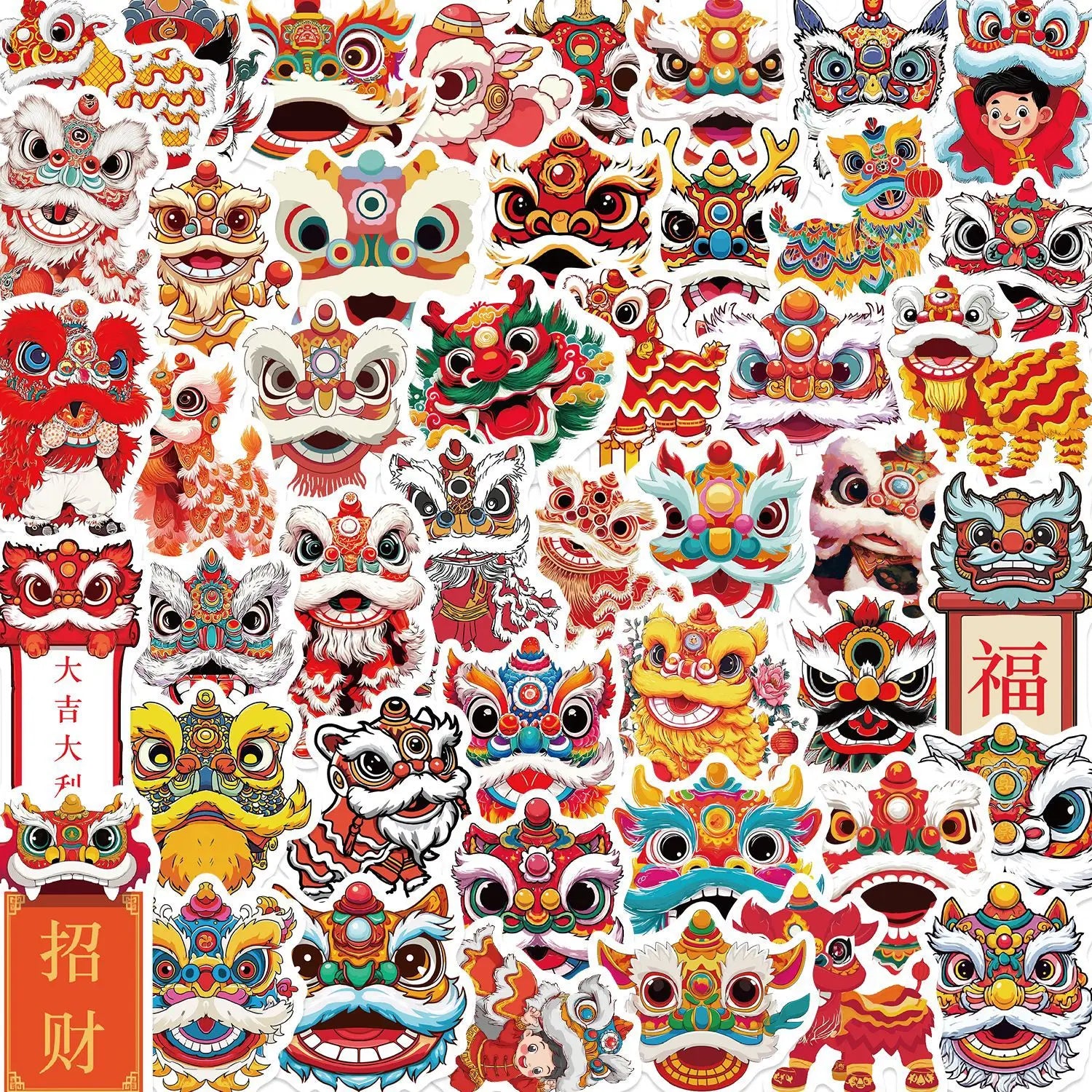 50/100PCS Cartoon New Year Lion Dance Graffiti Stickers - DIY Guitar Notebook Luggage Waterproof Stationery Decorative Stickers