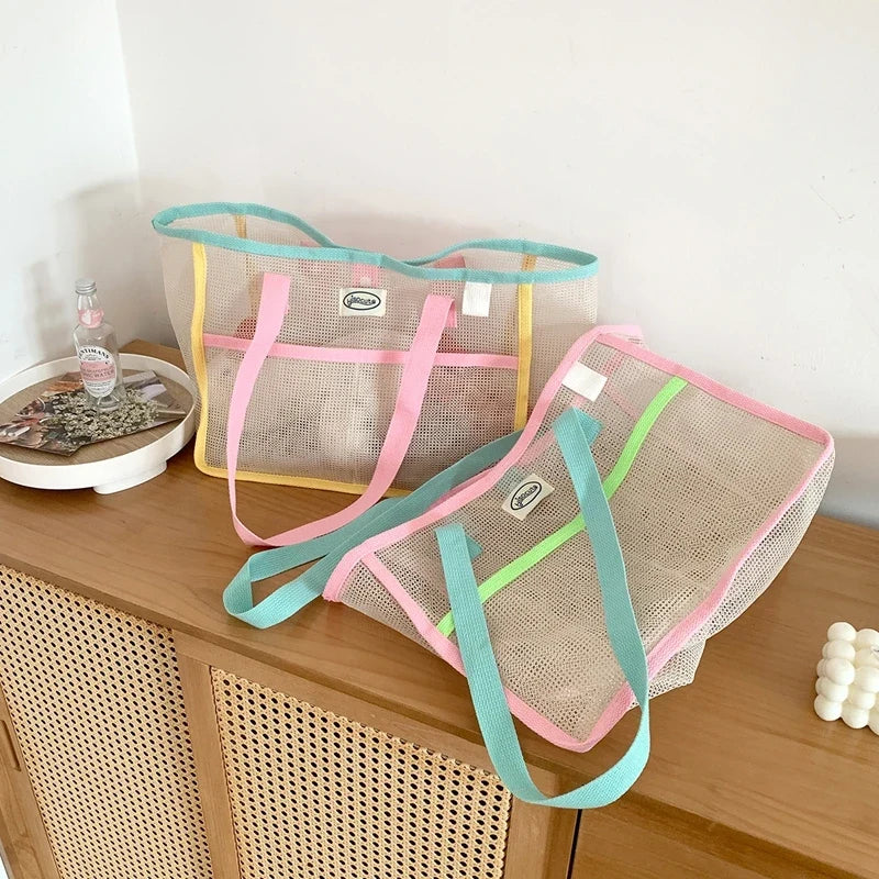 Ladies Summer Transparent Mesh Breathable Handbag Outdoor Beach Shower Handbag Large Capacity Beach Bags Portable Swimming Tote