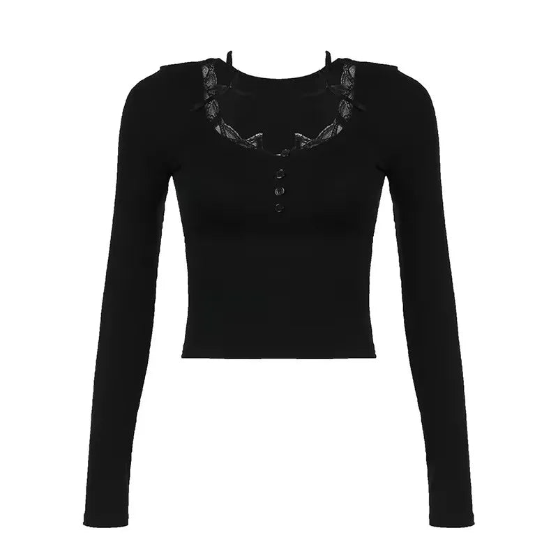 Pure desire sweet style bow hanging neck Korean V-neck lace top versatile slimming solid color long sleeved T-shirt