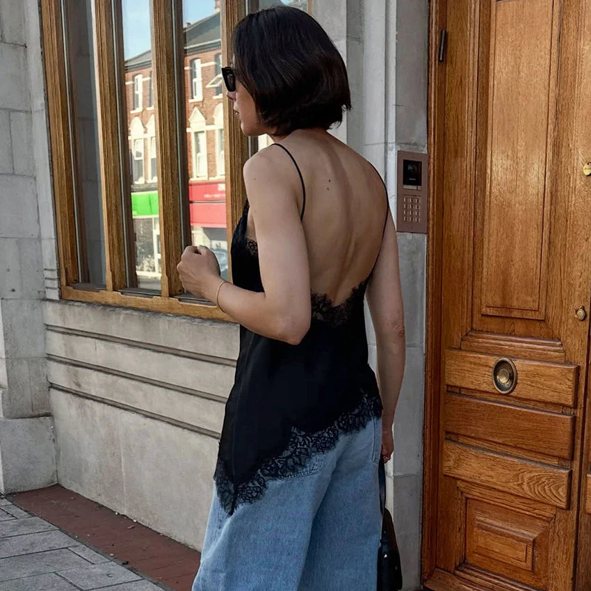 Linad Sexy Black Backless Lace Camisole Women Street Chic Spaghetti Strap Tops Female Casual Patchwork Silk Vest Female 2025