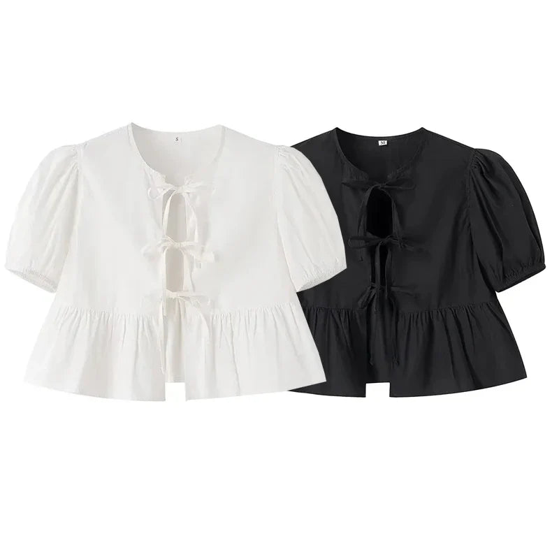 MUJER White Ruffle Crop Top Women Black Short Puff Sleeve Blouse Female Bow Tied Summer Blouses Woman 2025 Ruched Cute Tops
