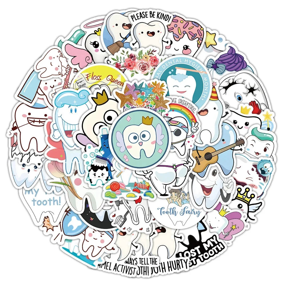 10/30/50pcs Funny Cute Cartoon Tooth Stickers Graffiti Decals Laptop Scrapbook Phone Suitcase Car Decoration Waterproof Sticker