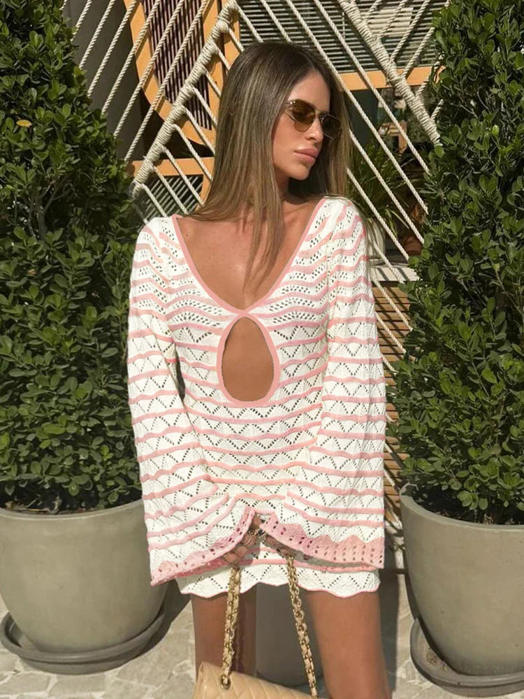 Sexy Boho Striped Chic V-neck Cut Out Bell Sleeve Knit Beach Mini Dress 2026 Summer Women Seaside Holiday Swimsuit Cover Up K123