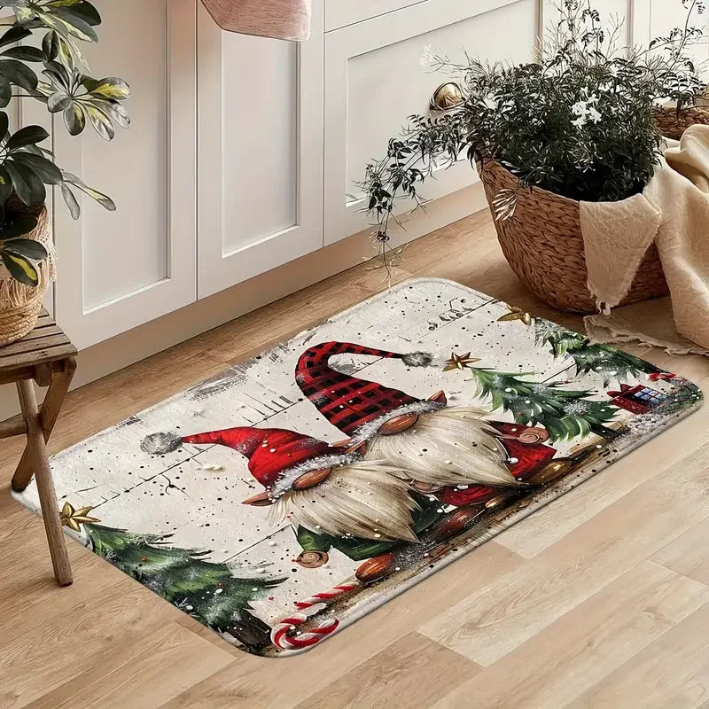 VIKAMA 2-Piece Christmas Rug Set White-Bearded Father Christmas Design Kitchen Mat Entrance Doormat Non-Slip Festive Home Decor