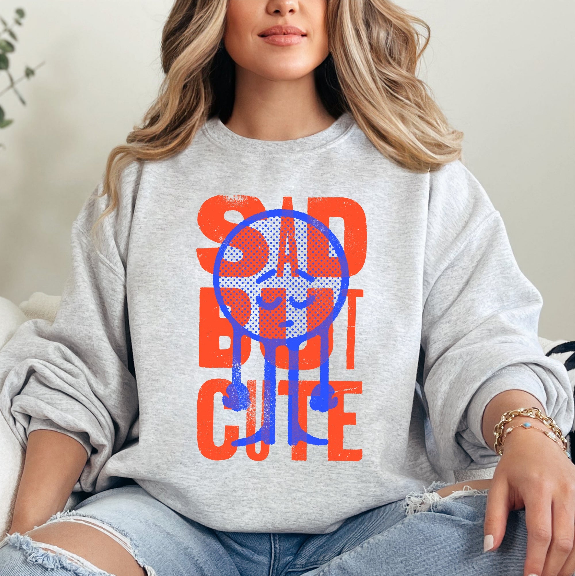 Sad But Cute, Mental Health Smiley Positivity Funny Sarcastic Graphic Sweatshirt