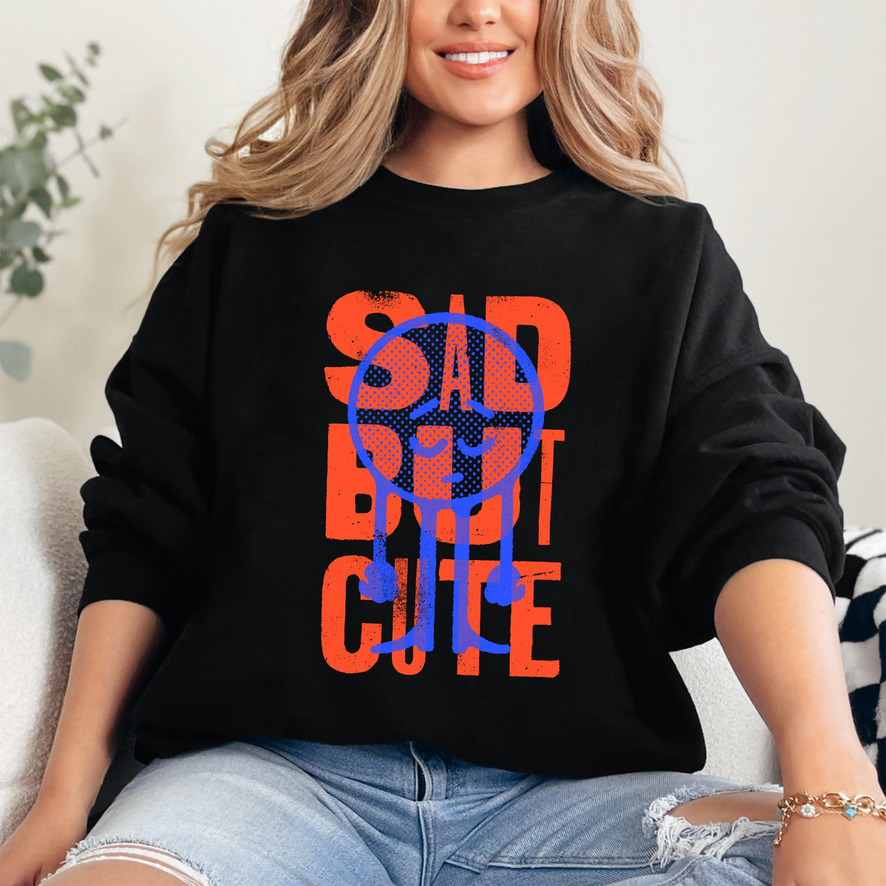 Sad But Cute, Mental Health Smiley Positivity Funny Sarcastic Graphic Sweatshirt