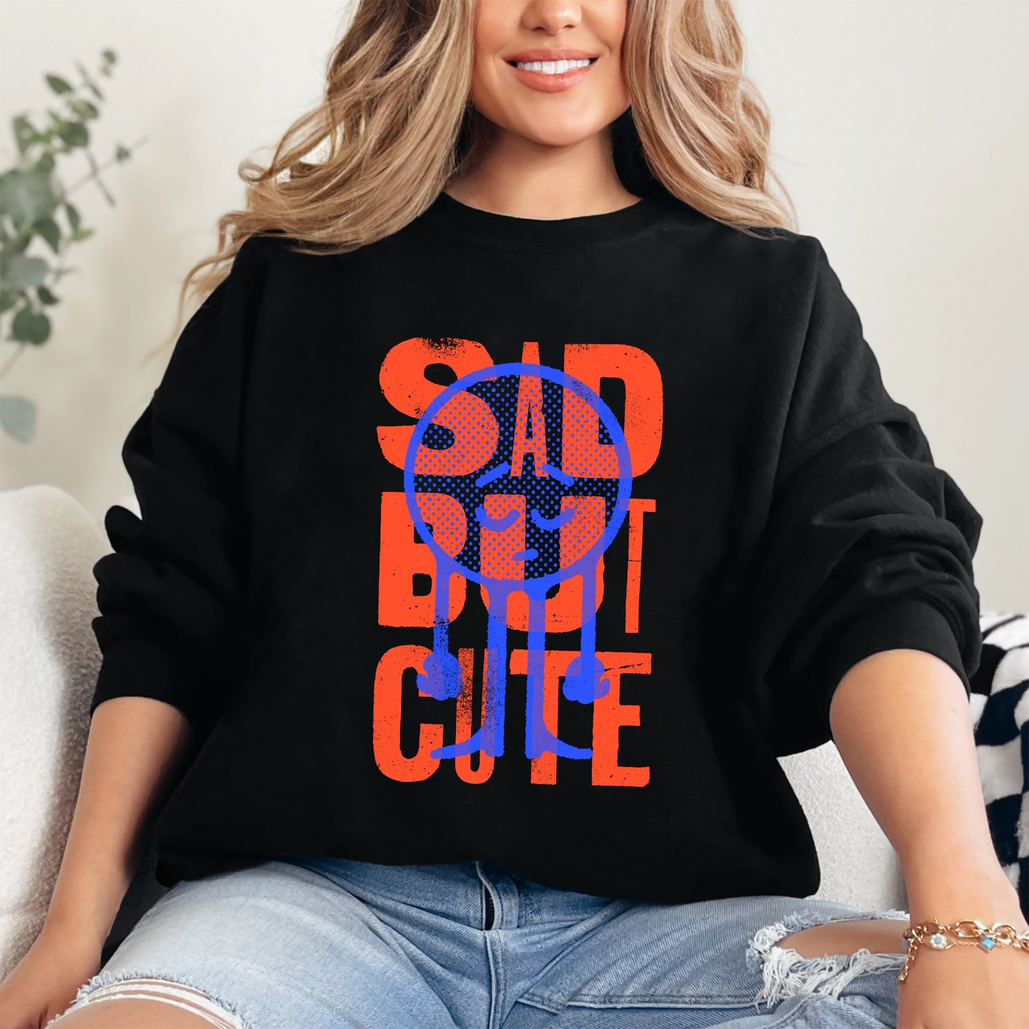Sad But Cute, Mental Health Smiley Positivity Funny Sarcastic Graphic Sweatshirt
