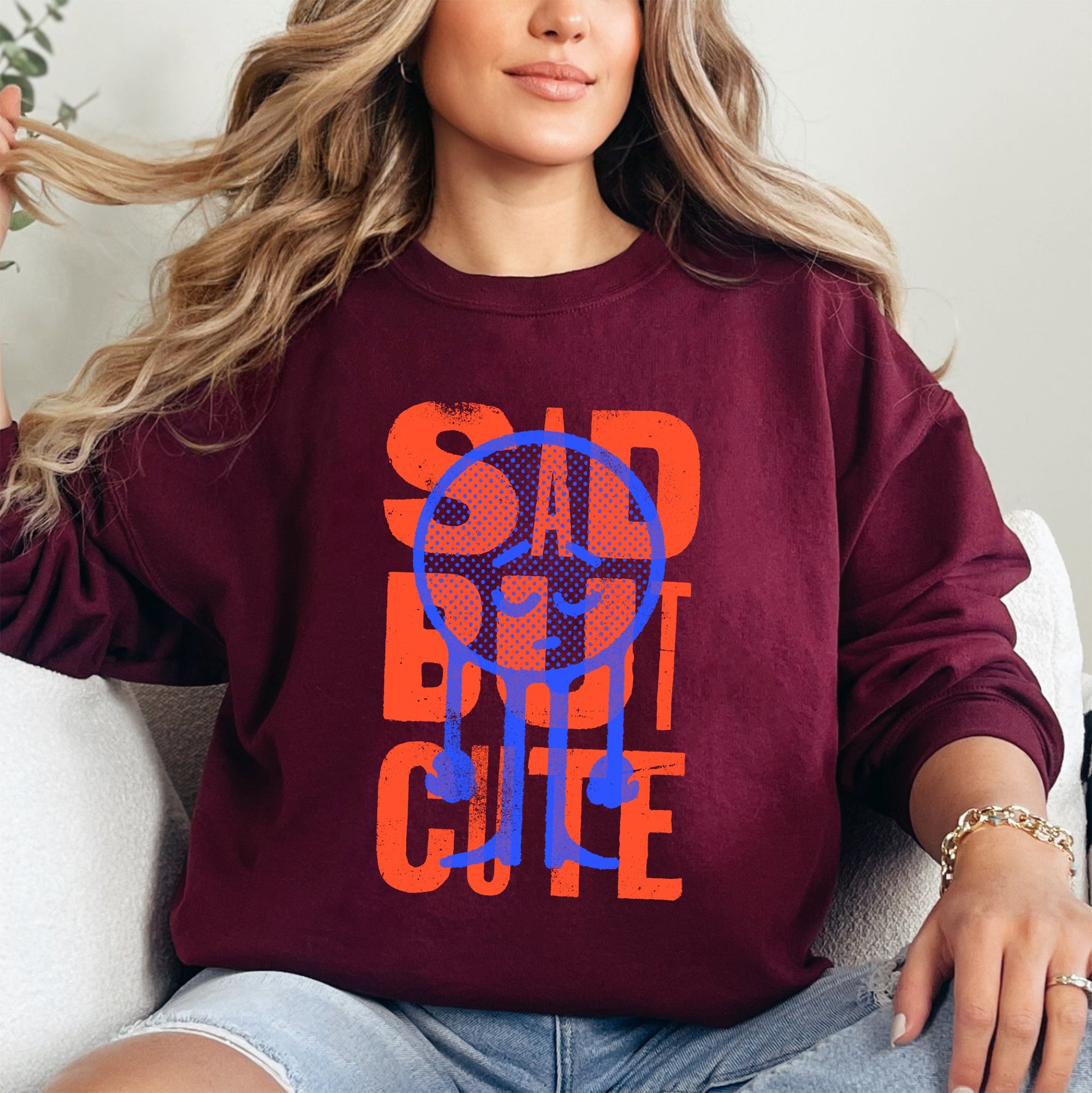 Sad But Cute, Mental Health Smiley Positivity Funny Sarcastic Graphic Sweatshirt