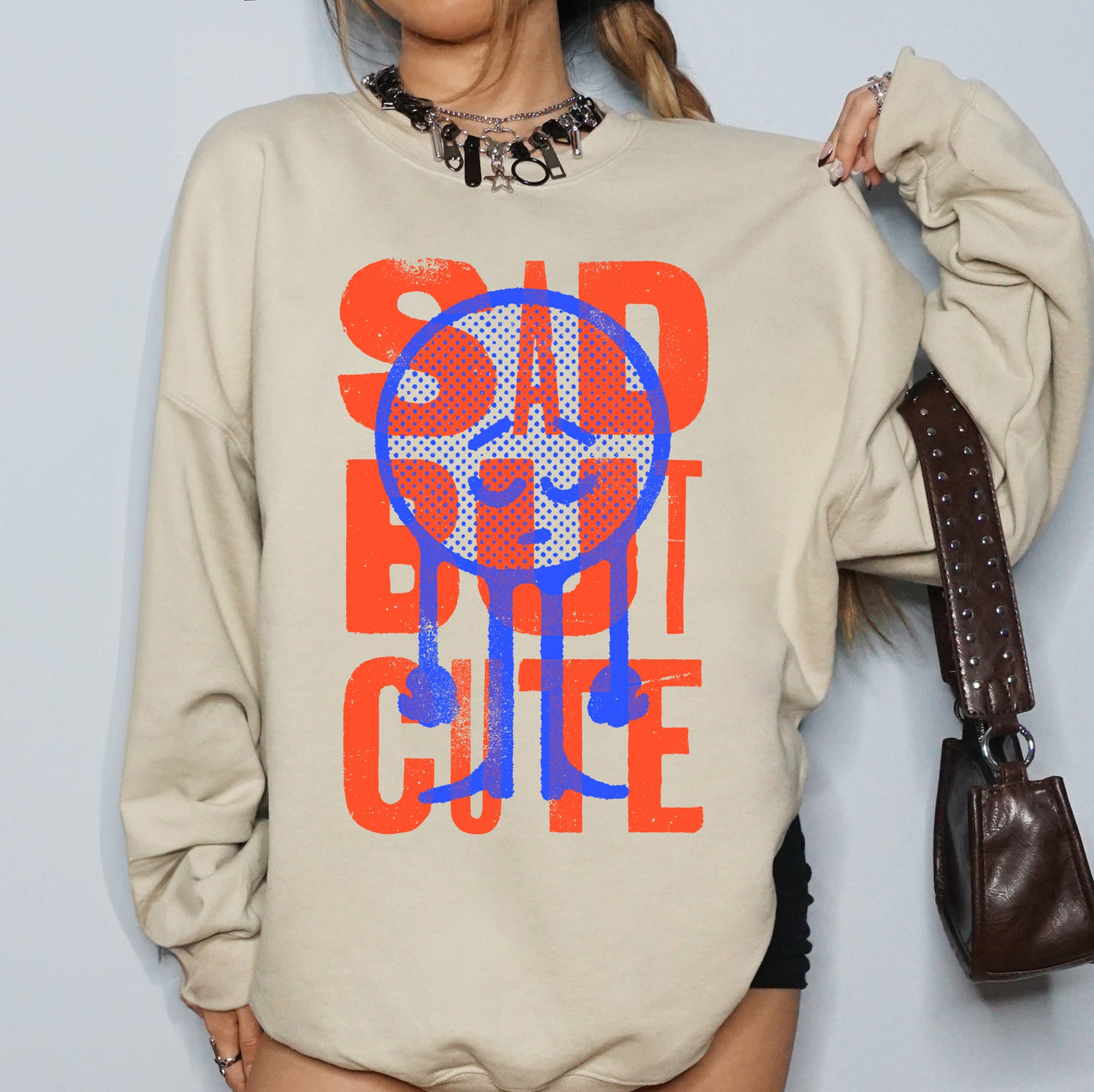 Sad But Cute, Mental Health Smiley Positivity Funny Sarcastic Graphic Sweatshirt