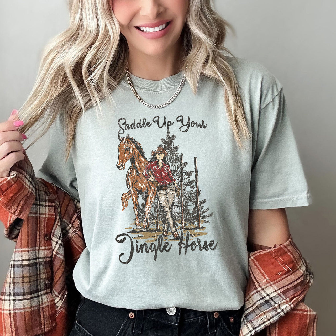 Saddle Up Your Jingle Horse Christmas Cowgirl Cowboy Country Western Comfort Colors Tee